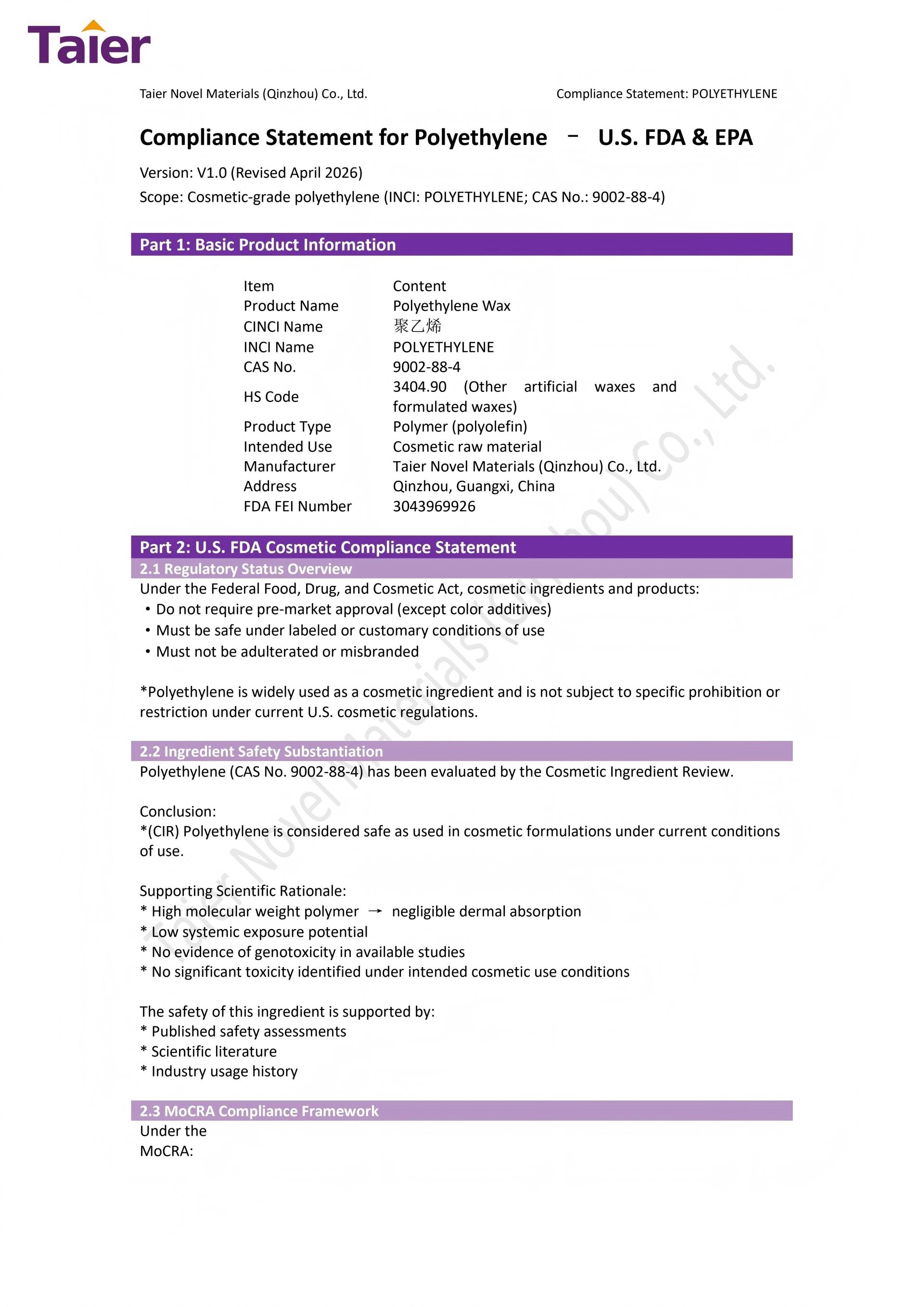 U.S. FDA & EPA Compliance Statement